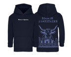 Sweat bleu marine enfant brodé avec le nom de la race de vache Blonde d’Aquitaine style ferme et confortable pour enfants