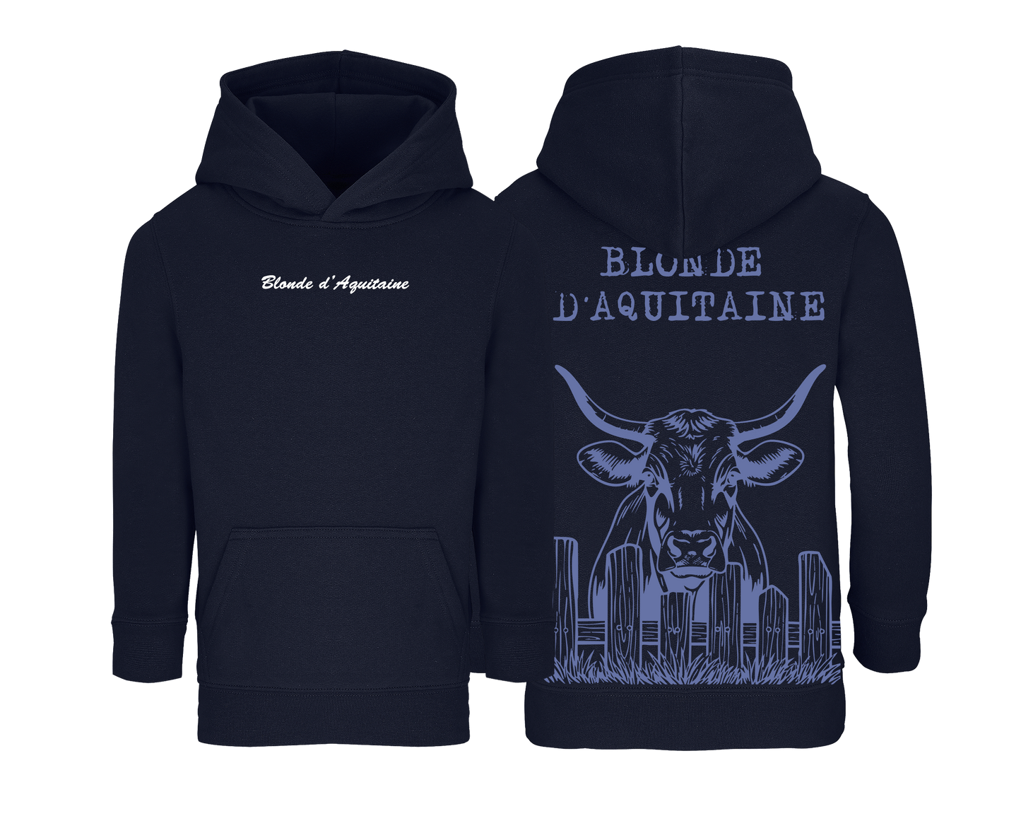 Sweat bleu marine enfant brodé avec le nom de la race de vache Blonde d’Aquitaine style ferme et confortable pour enfants