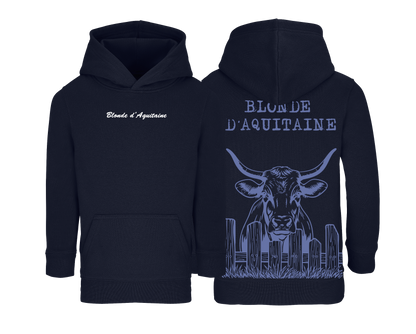 Sweat bleu marine enfant brodé avec le nom de la race de vache Blonde d’Aquitaine style ferme et confortable pour enfants