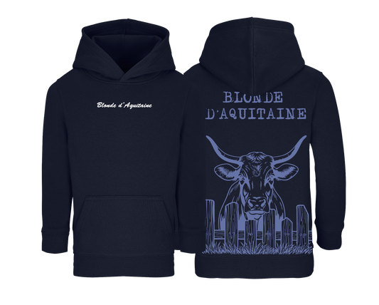 Sweat bleu marine enfant brodé avec le nom de la race de vache Blonde d’Aquitaine style ferme et confortable pour enfants