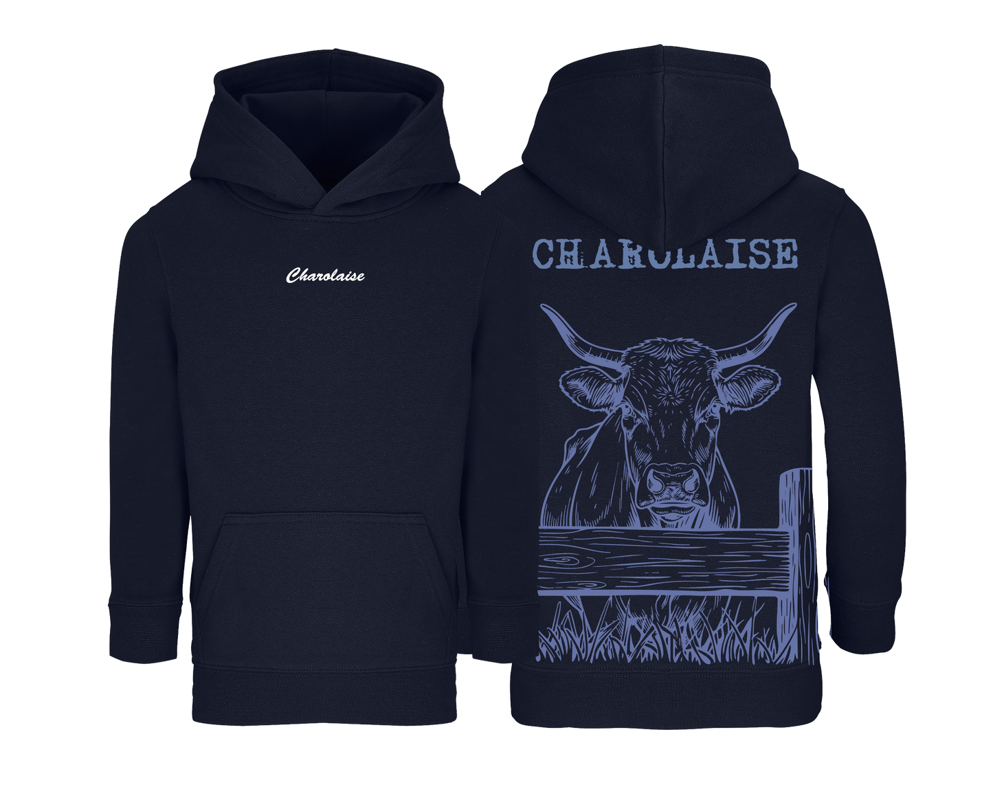 Sweat bleu marine enfant brodé avec le nom de la vache Charolaise idéal pour jeunes passionnés d’élevage et d’agriculture