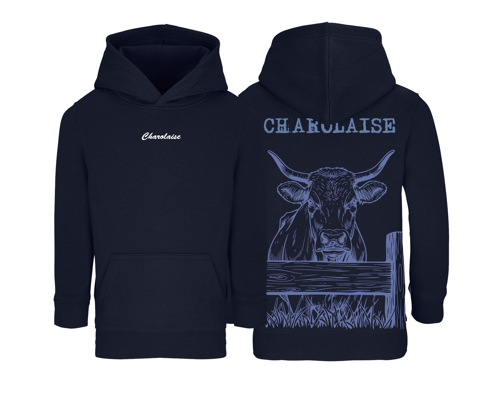 Sweat bleu marine enfant brodé avec le nom de la vache Charolaise idéal pour jeunes passionnés d’élevage et d’agriculture