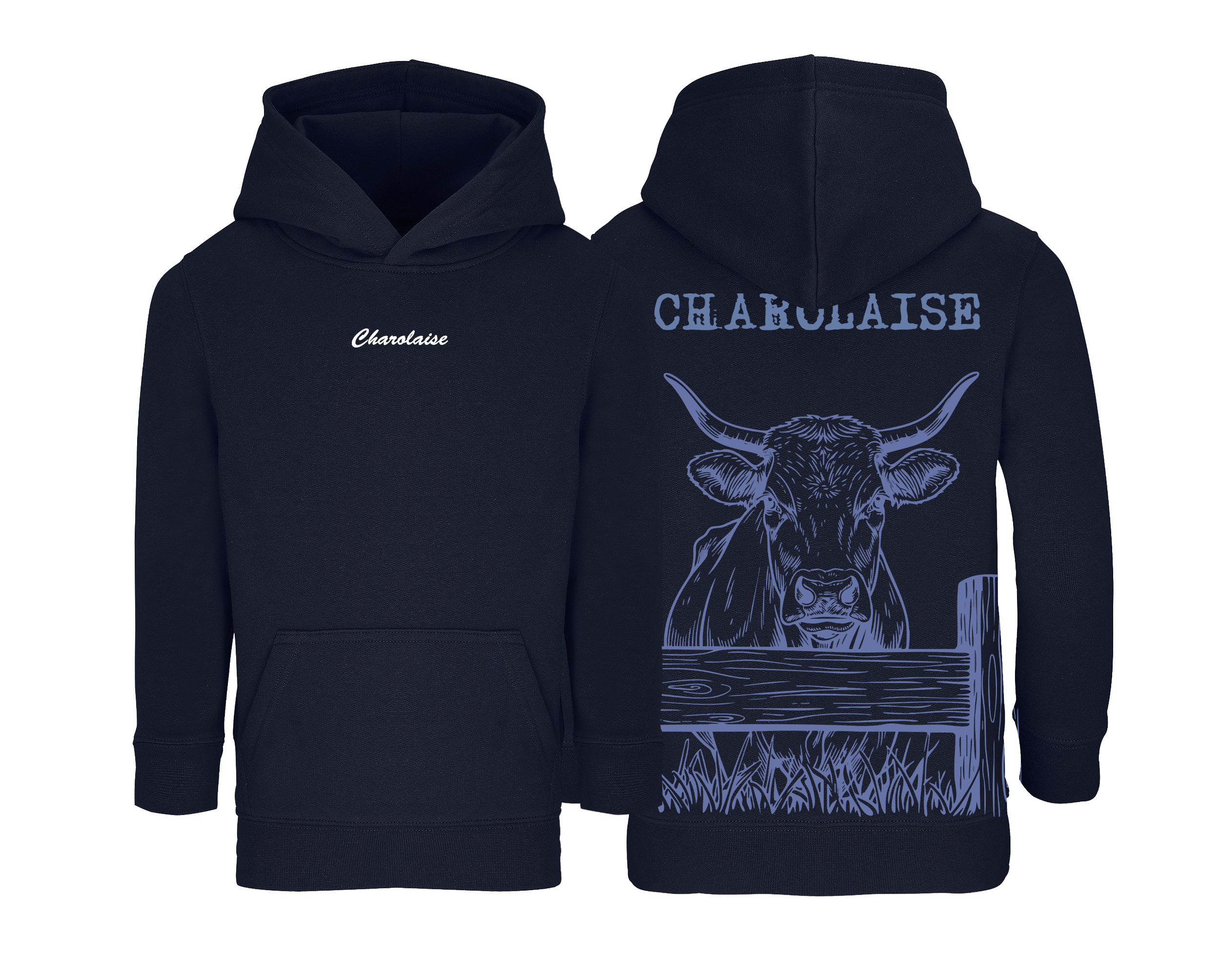 Sweat bleu marine enfant brodé avec le nom de la vache Charolaise idéal pour jeunes passionnés d’élevage et d’agriculture