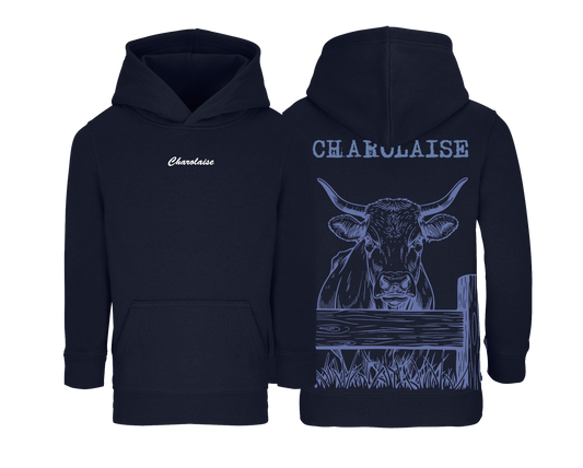 Sweat bleu marine enfant brodé avec le nom de la vache Charolaise idéal pour jeunes passionnés d’élevage et d’agriculture