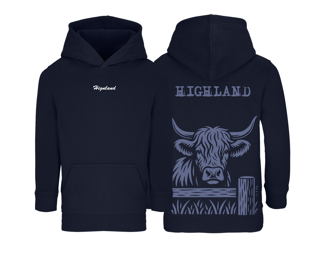 Sweat bleu marine enfant brodé avec le nom de la vache Highland idéal pour enfants passionnés d’élevage et d’agriculture