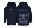 Sweat bleu marine enfant brodé avec le nom de la vache Highland idéal pour enfants passionnés d’élevage et d’agriculture