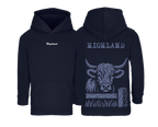 Sweat bleu marine enfant brodé avec le nom de la vache Highland idéal pour enfants passionnés d’élevage et d’agriculture