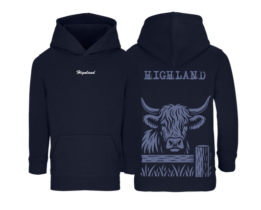 Sweat bleu marine enfant brodé avec le nom de la vache Highland idéal pour enfants passionnés d’élevage et d’agriculture