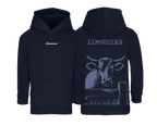 Sweat bleu marine enfant brodé avec le nom de la vache Limousine style rural et confortable pour enfants agriculteurs