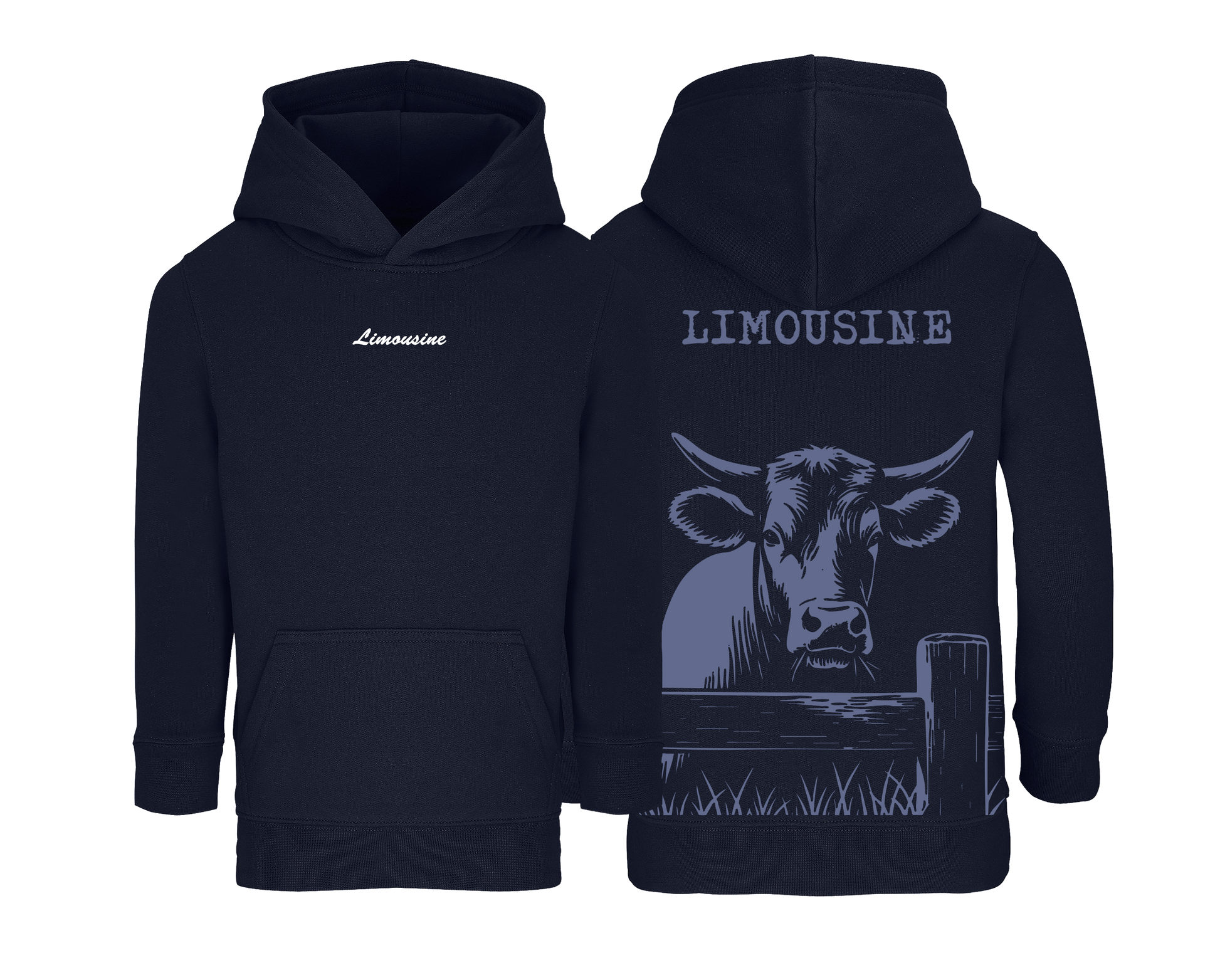 Sweat bleu marine enfant brodé avec le nom de la vache Limousine style rural et confortable pour enfants agriculteurs