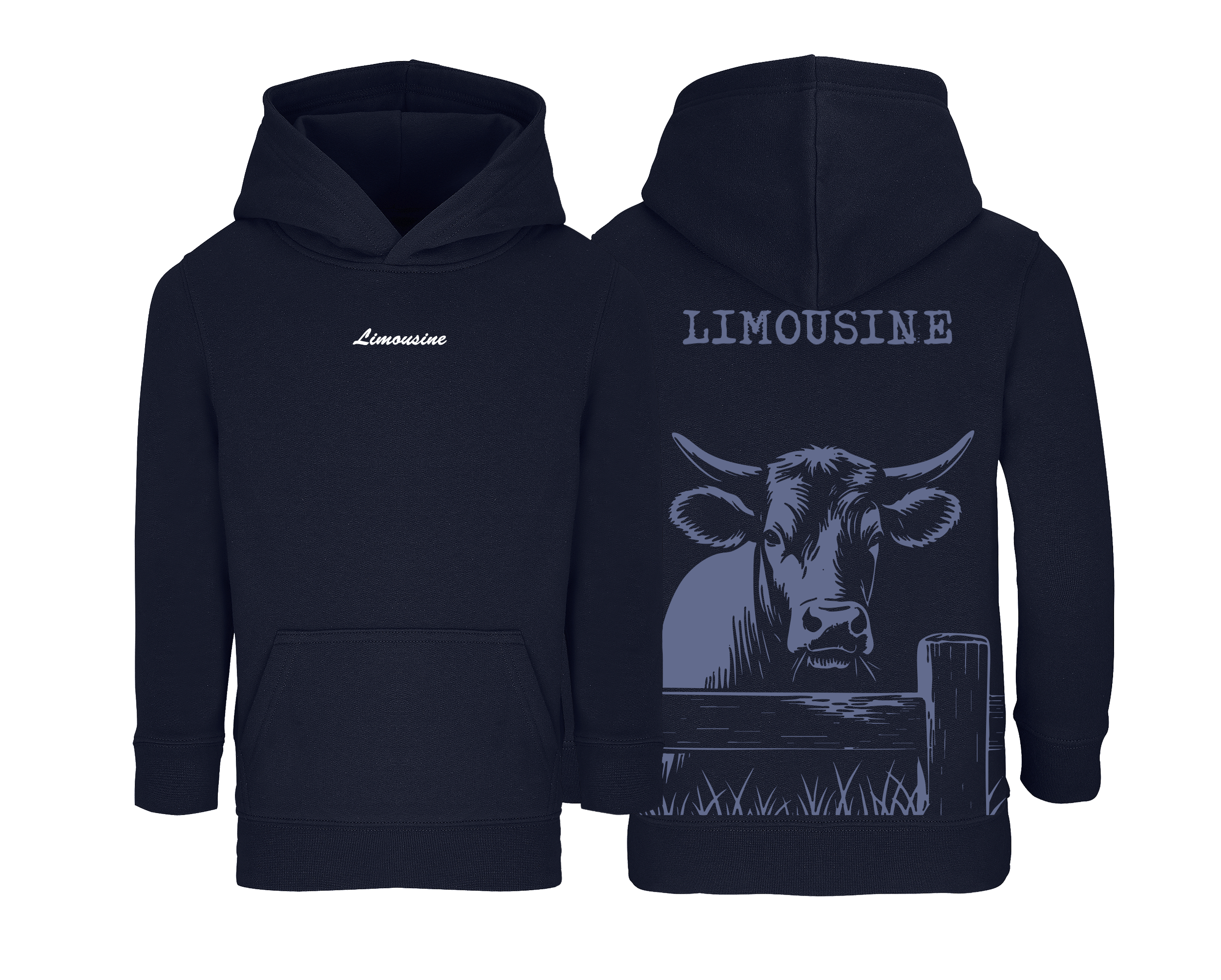 Sweat bleu marine enfant brodé avec le nom de la vache Limousine style rural et confortable pour enfants agriculteurs