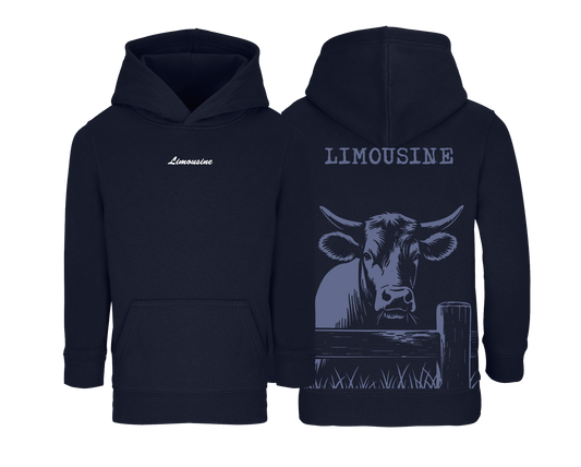 Sweat bleu marine enfant brodé avec le nom de la vache Limousine style rural et confortable pour enfants agriculteurs