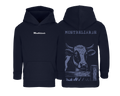 Sweat bleu marine enfant brodé avec le nom de la vache Montbéliarde style ferme et campagne pour enfants agriculteurs