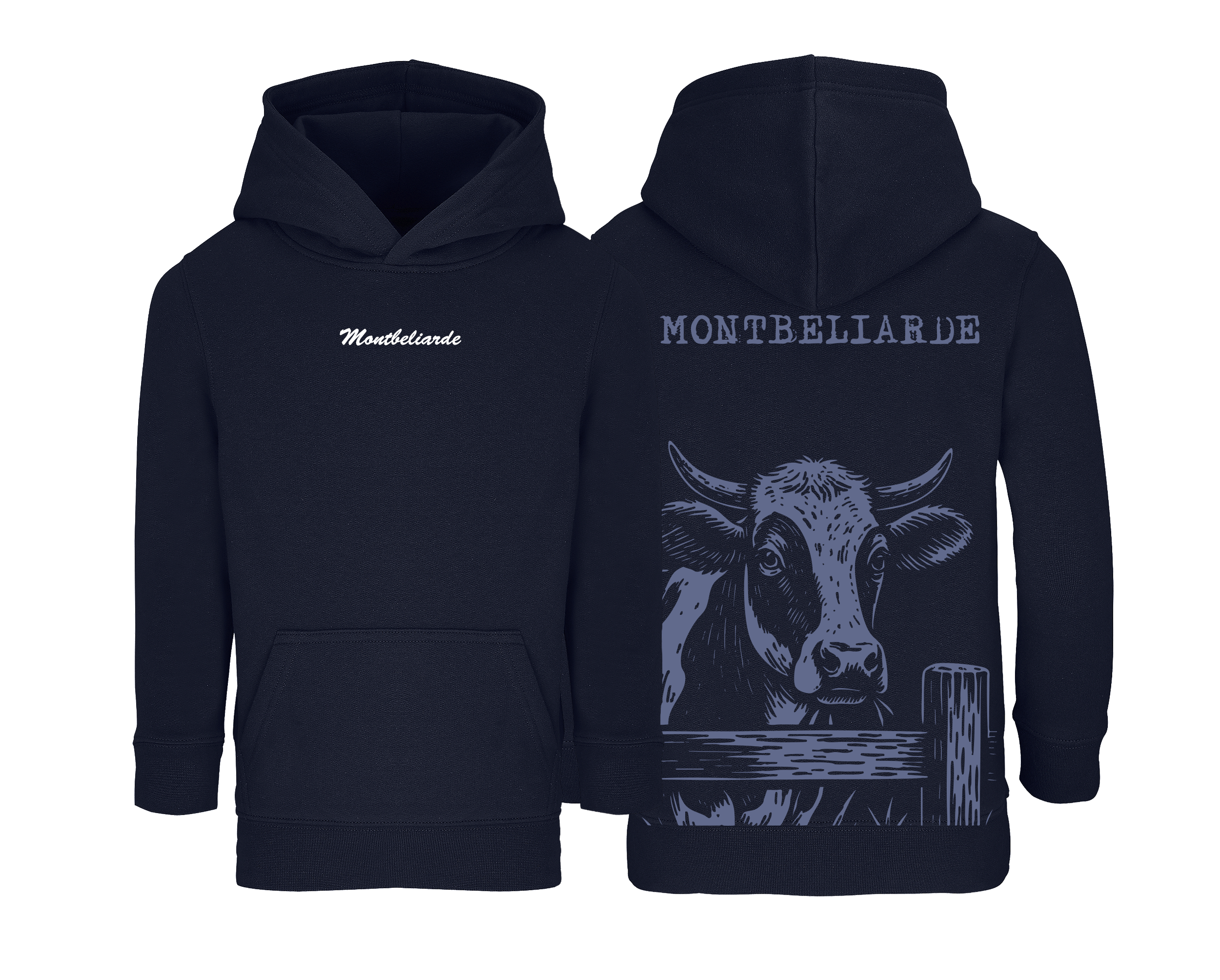 Sweat bleu marine enfant brodé avec le nom de la vache Montbéliarde style ferme et campagne pour enfants agriculteurs