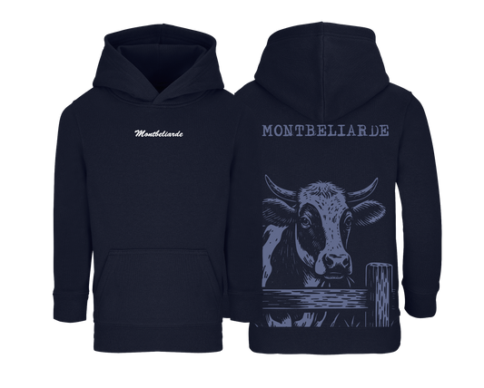 Sweat bleu marine enfant brodé avec le nom de la vache Montbéliarde style ferme et campagne pour enfants agriculteurs
