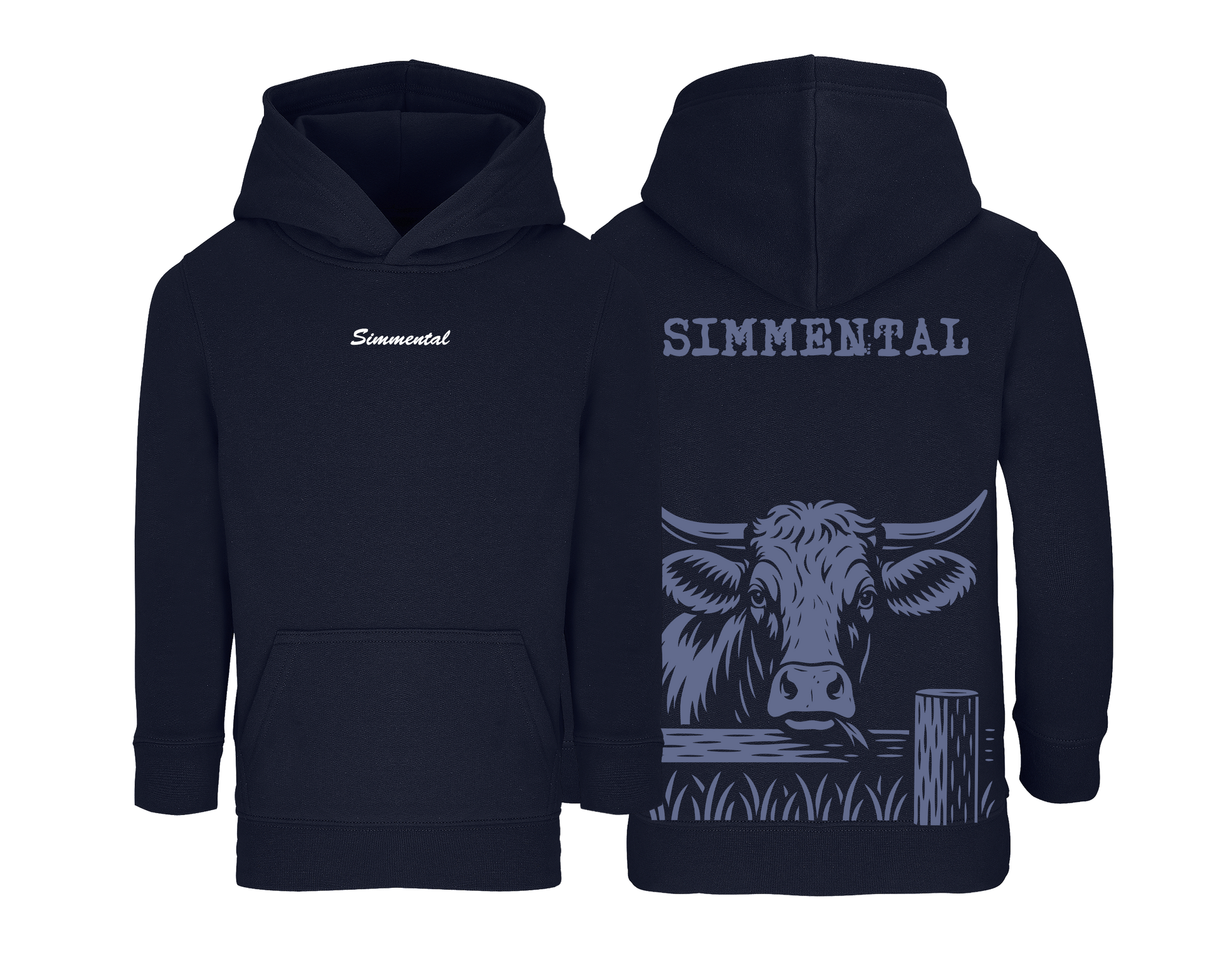 Sweat bleu marine enfant brodé avec le nom de la vache Simmental idéal pour jeunes passionnés d’élevage et d’agriculture