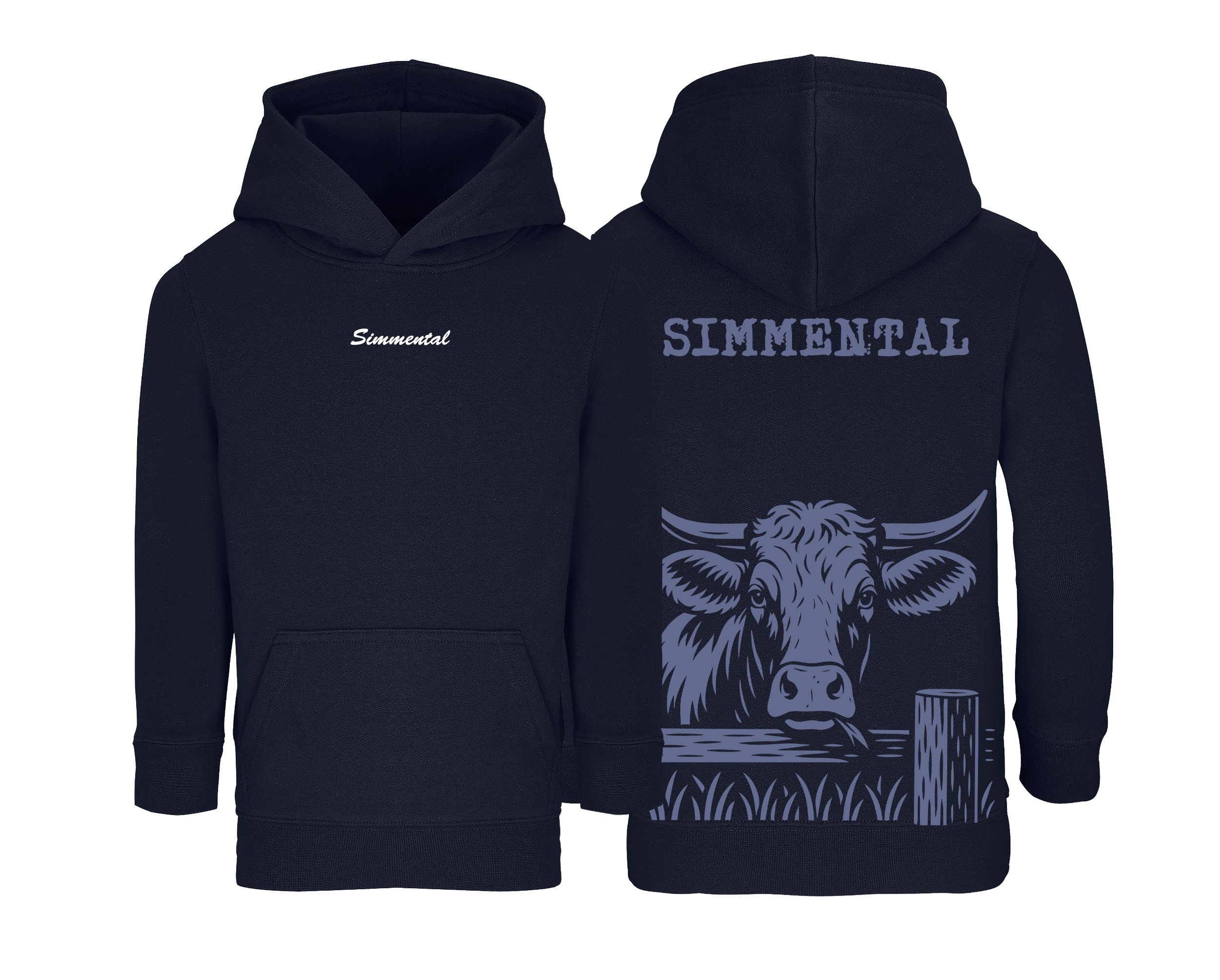 Sweat bleu marine enfant brodé avec le nom de la vache Simmental idéal pour jeunes passionnés d’élevage et d’agriculture