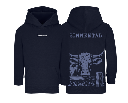 Sweat bleu marine enfant brodé avec le nom de la vache Simmental idéal pour jeunes passionnés d’élevage et d’agriculture