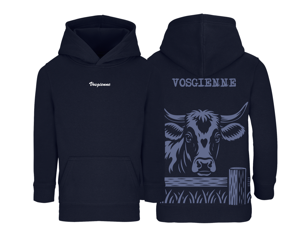 Sweat bleu marine enfant brodé avec le nom de la vache Vosgienne style rural et confortable pour enfants agriculteurs