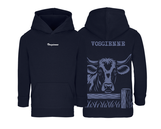 Sweat bleu marine enfant brodé avec le nom de la vache Vosgienne style rural et confortable pour enfants agriculteurs
