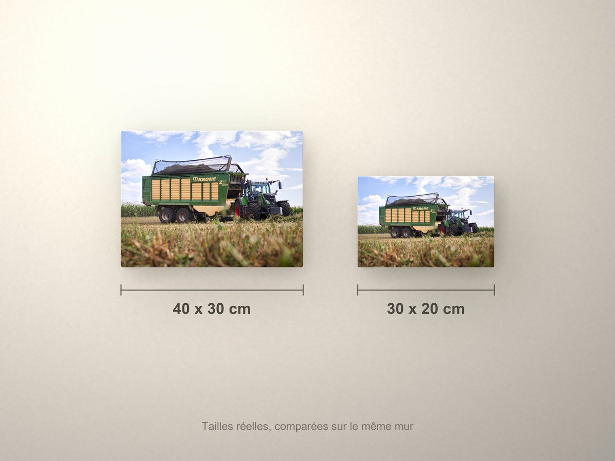 Poster métallique Krone et Fendt — formats comparés en centimètres