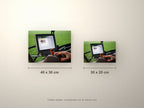 Poster métallique console de tracteur — formats comparés en centimètres