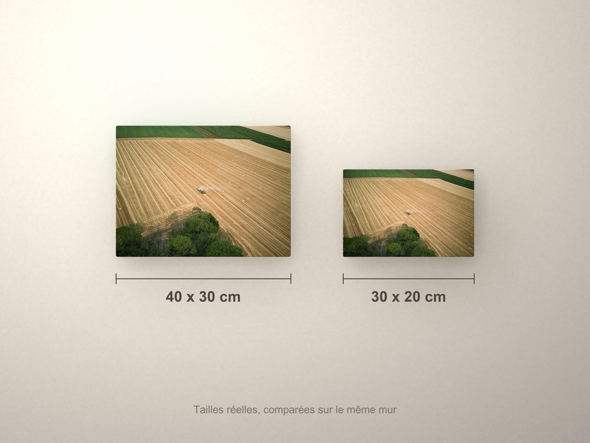 Poster métallique vue aérienne — formats comparés en centimètres